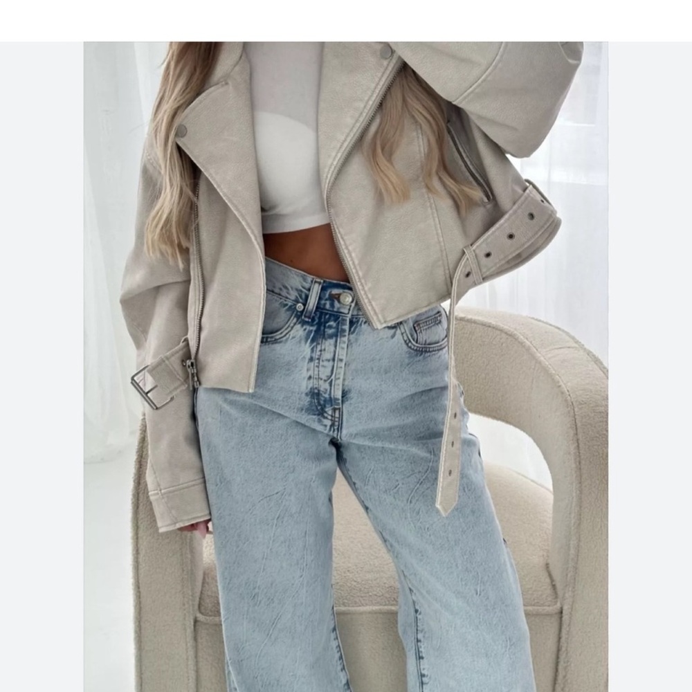 Zara Cream Moto Leather Jacket